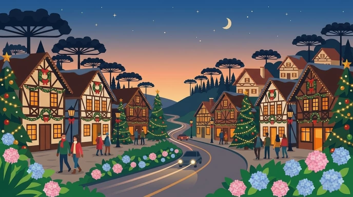 Ilustração de pousadas aconchegantes e chalés em enxaimel com estrada sinuosa ladeada por hortênsias e araucárias conectando Gramado e Canela iluminadas para o Natal