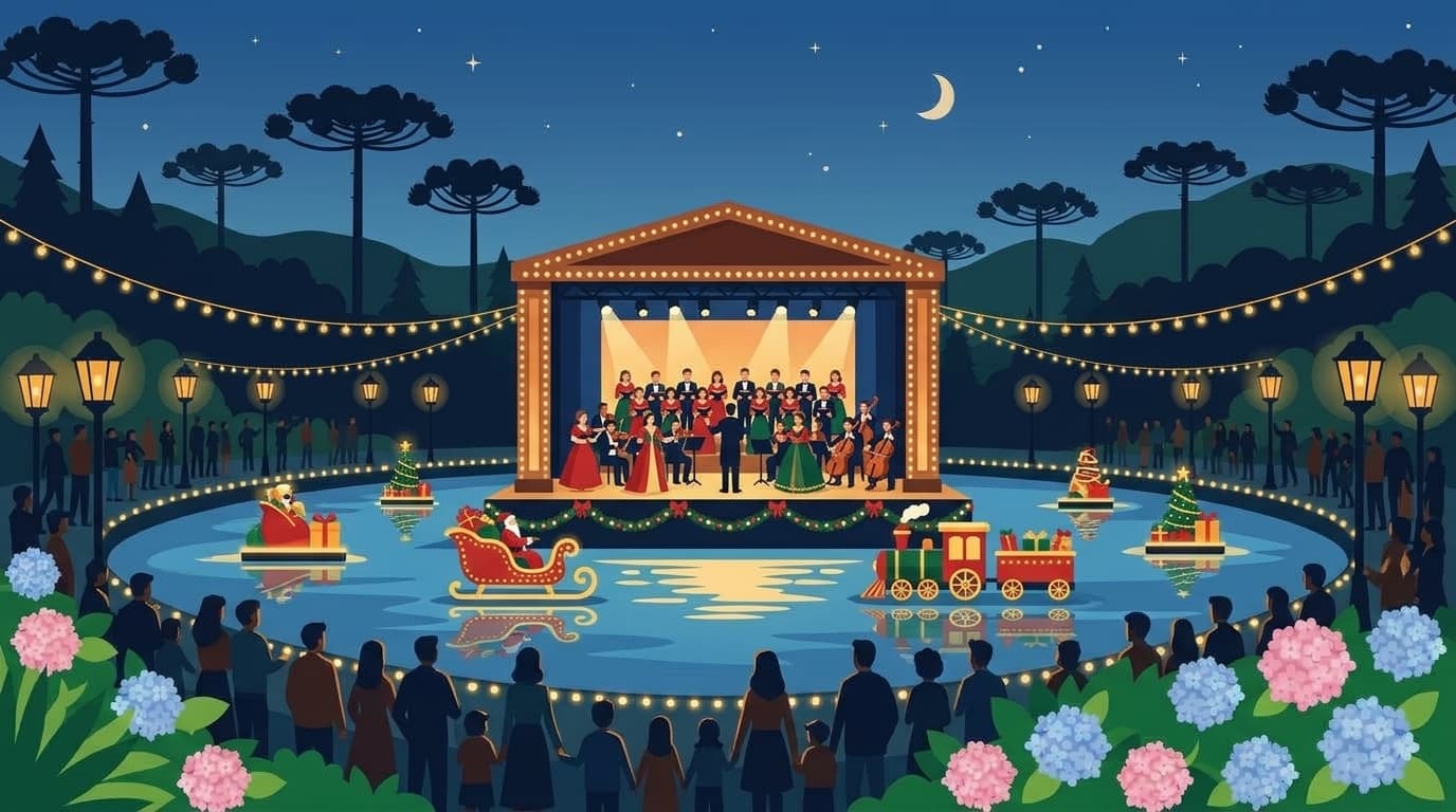 Ilustração dos grandes espetáculos do Natal Luz de Gramado com palco iluminado sobre o lago, coral, figuras natalinas e araucárias sob a noite estrelada