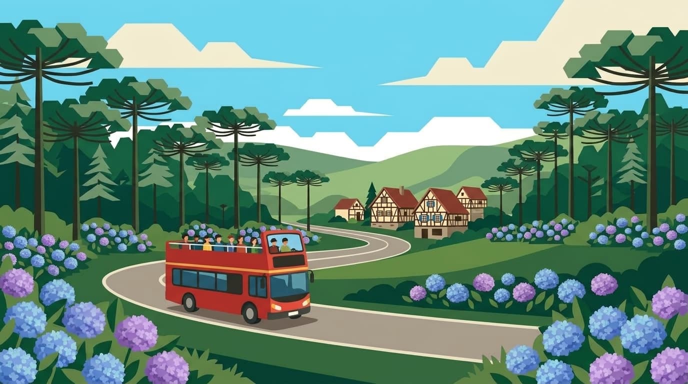 Ilustração do ônibus panorâmico percorrendo estrada entre Gramado e Canela cercada de hortênsias e araucárias
