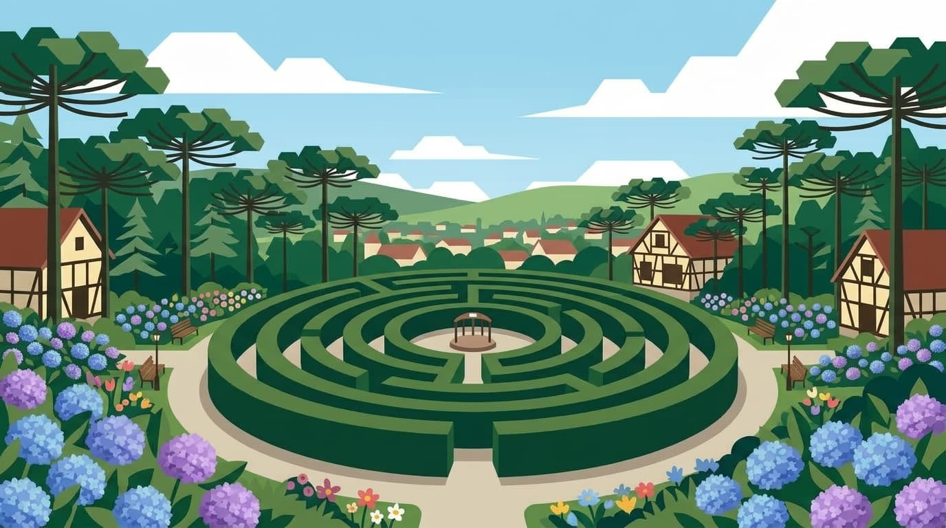 Ilustração do Labirinto Verde na Praça das Flores em Nova Petrópolis com canteiros floridos e araucárias