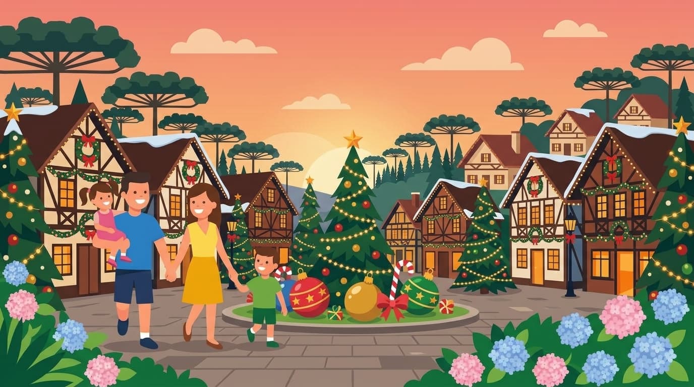 Ilustração de família passeando ao entardecer por Gramado decorada para o Natal Luz com árvores natalinas e enfeites gigantes
