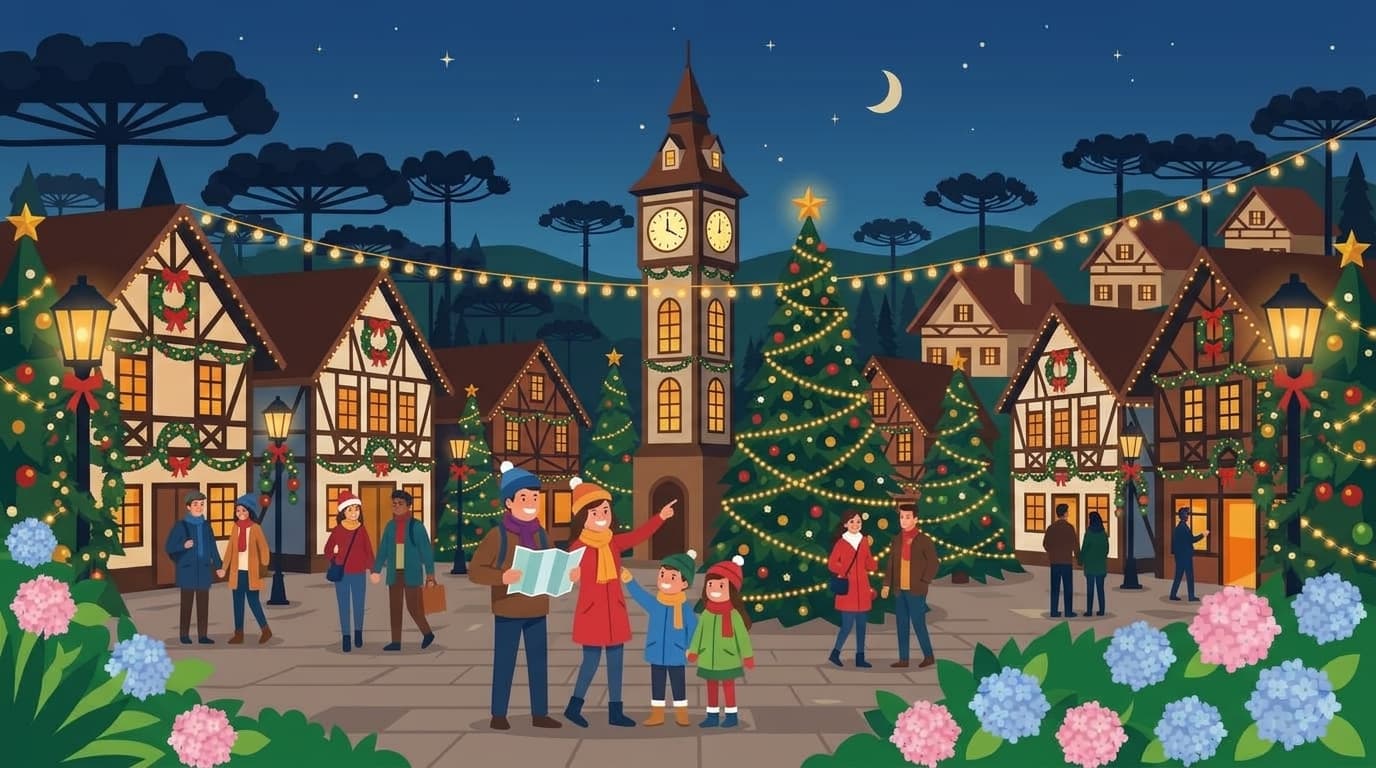 Ilustração de viajantes com mapa planejando roteiro pelo centro decorado de Gramado com torre do relógio, chalés em enxaimel, árvore de Natal e araucárias